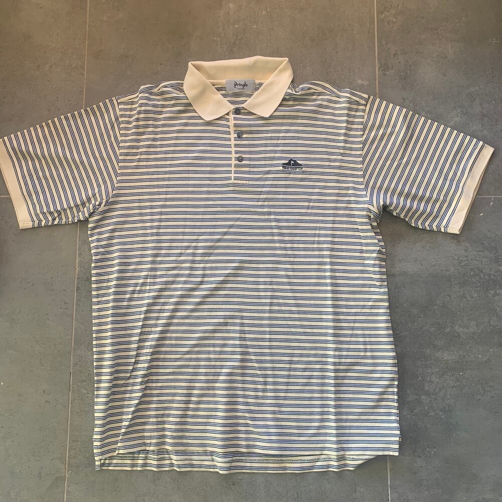 Pringle Men's L‎ Yellow and Blue Striped Pique Polo Shirt